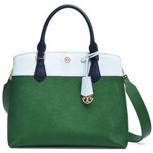 Tory Burch Robinson Color Block Green & Light Blue Leather Tote